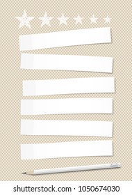 Set of white horizontal sticky notes paper for text stuck on brown squared background with stars and pencil.