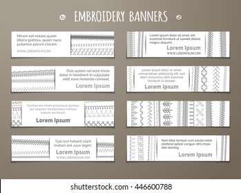 Set of white horizontal textile banners. Vector high detailed embroidery stitches on white background. There is place for your text on white paper.