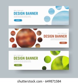 Set of white horizontal web banners with round design elements for the image. Template with a blurry photo for an example. Vector illustration
