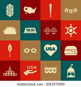 Set White House, Burger, Hexagram sheriff, Baseball bat, Taxi car roof, Taco with tortilla, Hotdog sandwich and Golden gate bridge icon. Vector