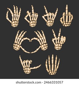 Set of white human skeleton bone hand collection with various gesture fingers like; love, peace sign, rock and calling, hand skeleton collection, flat vector, isolated on black background.