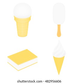 Set of white ice cream. Ice cream in a cup and conical cup. Ice cream on a stick. Ice cream between two wafers. Isolated on white vector illustration. 