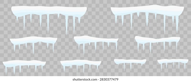 Set of white icicles hanging from a transparent background.