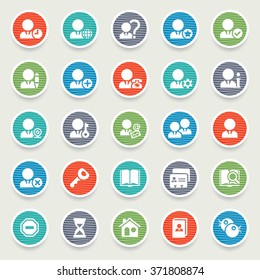 Set of white icons for e-commerce, marketing on color stickers.