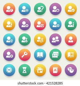 Set of white icons for e-commerce, marketing on color stickers.