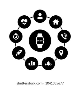 Set of white icons isolated against a black background, on a theme Smart watch