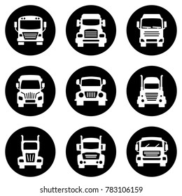 Set of white icons isolated against a black background, on a theme Trucks