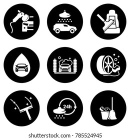 Set of white icons isolated against a black background, on a theme Car Wash