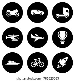 Set of white icons isolated against a black background, on a theme Transport