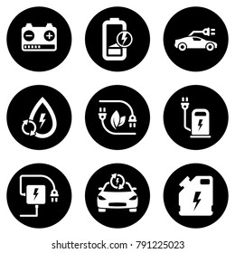 Set of white icons isolated against a black background, on a theme Electric car