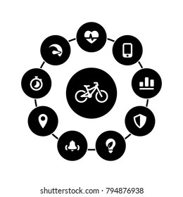 Set of white icons isolated against a black background, on a theme Bike