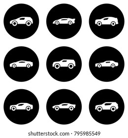 Set of white icons isolated against a black background, on a theme Car