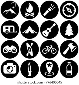 Set of white icons isolated against a black background, on a theme Camping