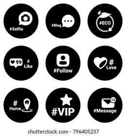 Set of white icons isolated against a black background, on a theme Hashtag