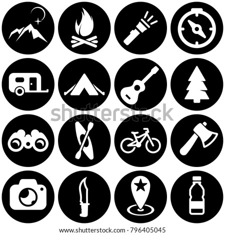 Set of white icons isolated against a black background, on a theme Camping