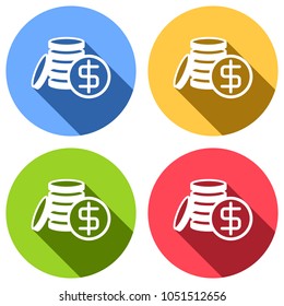 . Set of white icons with long shadow on blue, orange, green and red colored circles. Sticker style