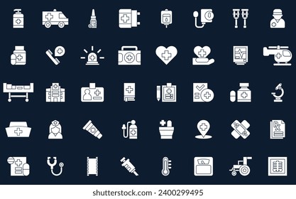 Set white Icons of Medical Assistance Related Vector Simple.  Contains such Icons as Crutches, Xray, Hospital Locator, Ambulance and more