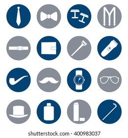 Set of white icons of men's accessories on color background, vector illustration