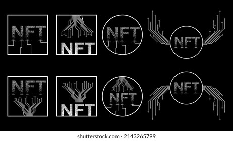 Set of white icons NFT non fungible token isolated on black background. Website design element. Vector illustration.