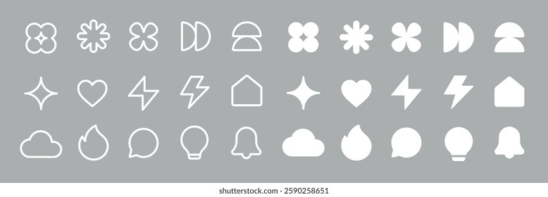 Set of white icons on a gray background, featuring shapes like flowers, arrows, hearts, and lightning. Simple icons, perfect for minimalist designs. User interface icons, UI icon vector set.