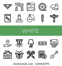 Set of white icons. Such as Shawl, Medical book, Chat, Dancer, Add, Perfume, Medical tape, Cartridge, Flash drive, Scepter, Placeholder, Typewriter, Siren, Butterfly , white icons