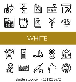 Set of white icons such as Turn off, Resume, Football field, Gloves, Oil, Smartphone, Freezer, Windmill, Important delivery, Shell, Kiss, Oxygen mask, Sticks, Keyboard , white