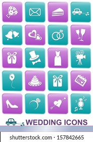 Set of white icons for wedding cards and invitations on colored buttons