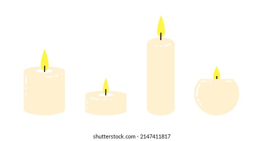 Set of white illuminated scented candles. Vector illustration in doodle style