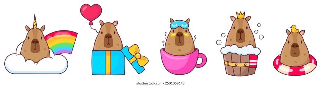 Set of white images with capybaras on a white background. Vector illustration