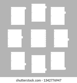 Set of white index dividers for three ring binder - letter size, realistic mockup. Blank filler paper with 8 cut tabs, vector template.