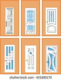 Set of white interior doors isolated on yellow background