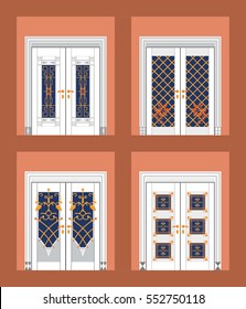 Set of white interior doors isolated on brown background 
