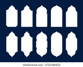 Set of white islamic arch window silhouettes on dark blue background for ramadan decoration