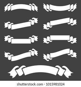 Set of white isolated banner ribbons on black background. Simple flat vector illustration. With space for text. Suitable for infographics, design, advertising, holidays, labels.