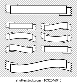 A set of white isolated banner ribbons with a black stroke on a transparent background. Simple flat vector illustration. With space for text. Suitable for infographics, design, advertising, holidays