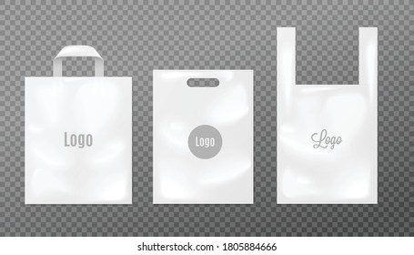 Set of white isolated disposable plastic shopping bags with space for advertising. Realistic vector illustrations plastic bags with various handles. Blank mockup on transparent.