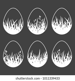 Set of white isolated Easter eggs on a black background. With an interesting abstract pattern of grass. Simple flat vector illustration. Suitable for decoration of postcards, advertising