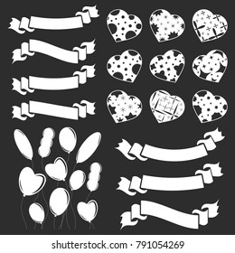 Set of white isolated hearts, balloons, ribbons banners on a black background. With an abstract pattern. Simple flat vector illustration. Suitable for decoration of postcards, weddings, holidays.