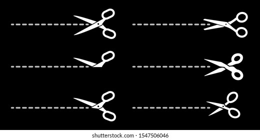 set of white isolated scissors with cut lines on black background
