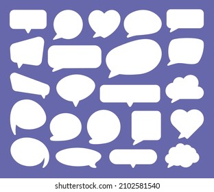 Set of white isolated speech bubbles of different shapes on purple background. Vector illustration.