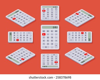 Set of white isometric calculators. The objects are isolated against the red background and shown from different sides