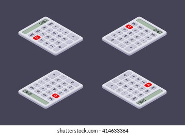 Set of the white isometric calculators. The objects are isolated against the dark-violet background and shown from different sides