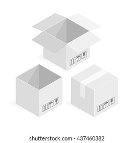Set of white isometric cardboard boxes. Vector Flat Style Isolated on White Background. Open and closed cardboard boxes 3d. Realistic cardboard boxes icon set. Box package illustration. The square box