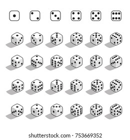 Set of white isometric dice. Twenty-four variants white game cubes isolated on white background. All possible turns authentic collection icons. Vector illustration.  svg