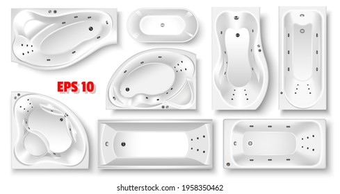 Set of white Jacuzzis and tubs, top view. View in terms of bathroom design and advertising. In 3D realistic style. Isolated on a white background. Vector illustration.