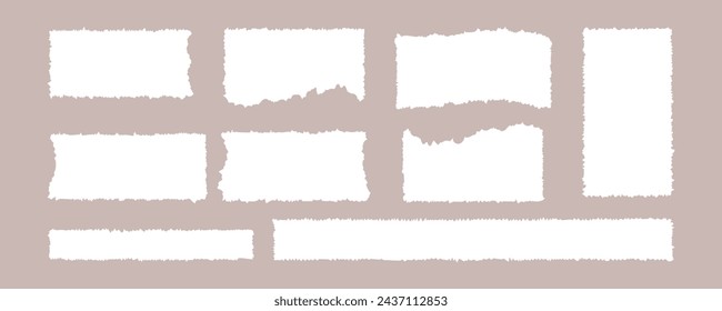 Set of white jagged rectangles templates. Design grunge elements, torn paper pieces for collage, text box, sticker. Vector