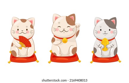 Set of white Japanese lucky cat maneki neko. Traditional Japan culture sculpture vector illustration svg