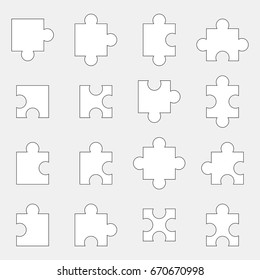 Set of white jigsaw puzzle piece on gray background