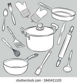 Set of white kitchen utensils on gray background, editable.