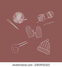 Set of white knitting needles and yarn elements, hand drawn, line graphic